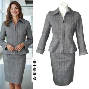 AKRIS Gorgeous Wool Cashmere Skirt Suit Blazer Leather